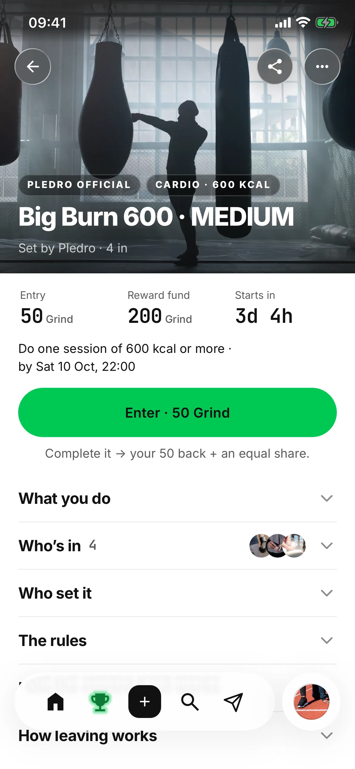 A challenge page: Big Burn 600 · MEDIUM, a Pledro official cardio challenge, with a 50 Grind entry, a 200 Grind reward fund and two days to the start, one line saying what to do and by when, the green Enter · 50 Grind button, and the folds What you do, Who’s in, Who set it and The rules.