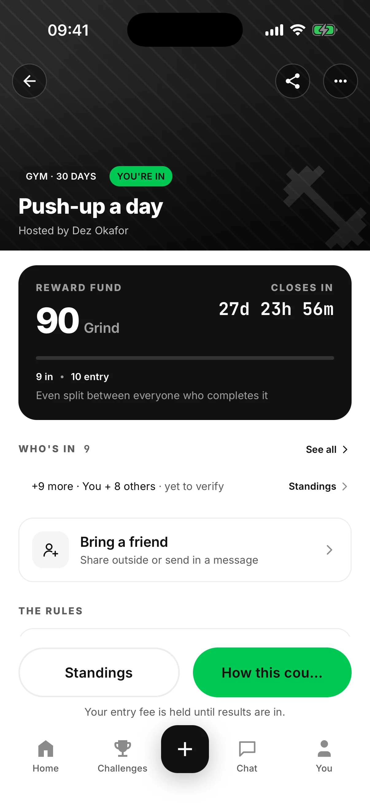 A challenge detail screen showing reward fund, countdown, who is in, and the rules.