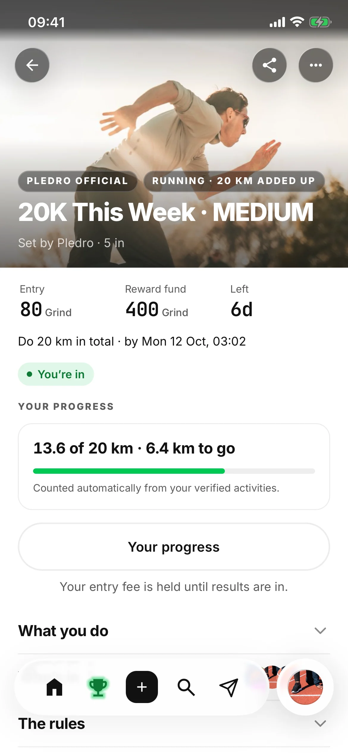 A running challenge after entering: 20K This Week · MEDIUM, You’re in, and Your progress — 13.6 of 20 km, 6.4 km to go, counted automatically from your verified activities.