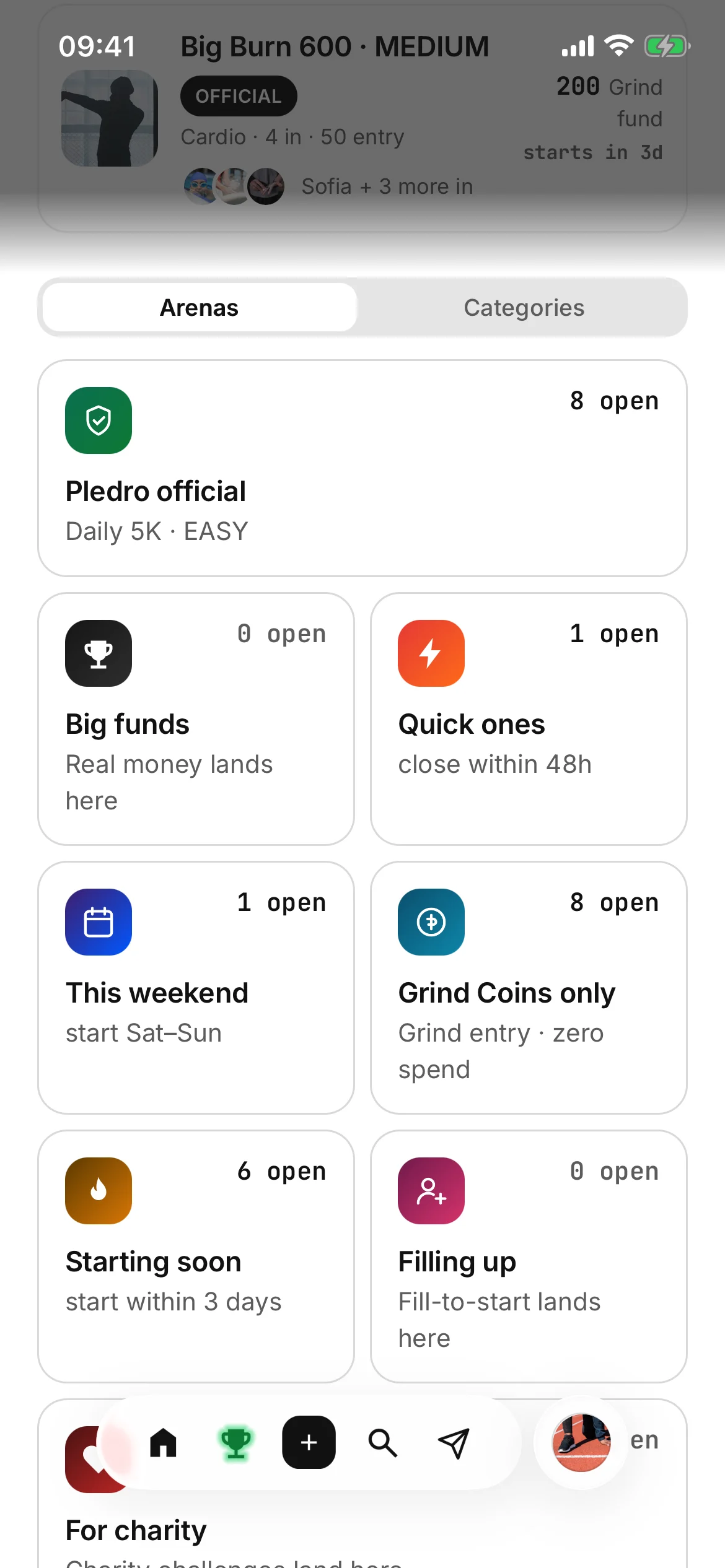The Challenges page scrolled to the Arenas: Pledro official across the top, then Big funds, Quick ones, This weekend, Grind Coins only, Starting soon and Filling up, each a box saying how many are open.