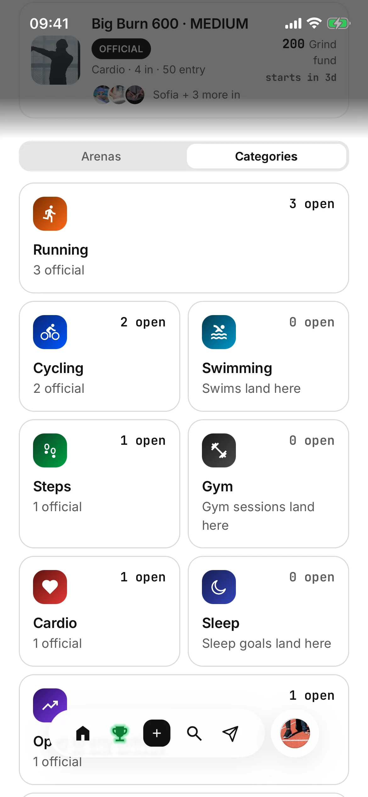 The other side of the switch, Categories: a box per activity — Running, Cycling, Swimming, Steps, Gym, Cardio and Sleep — each saying how many are open.