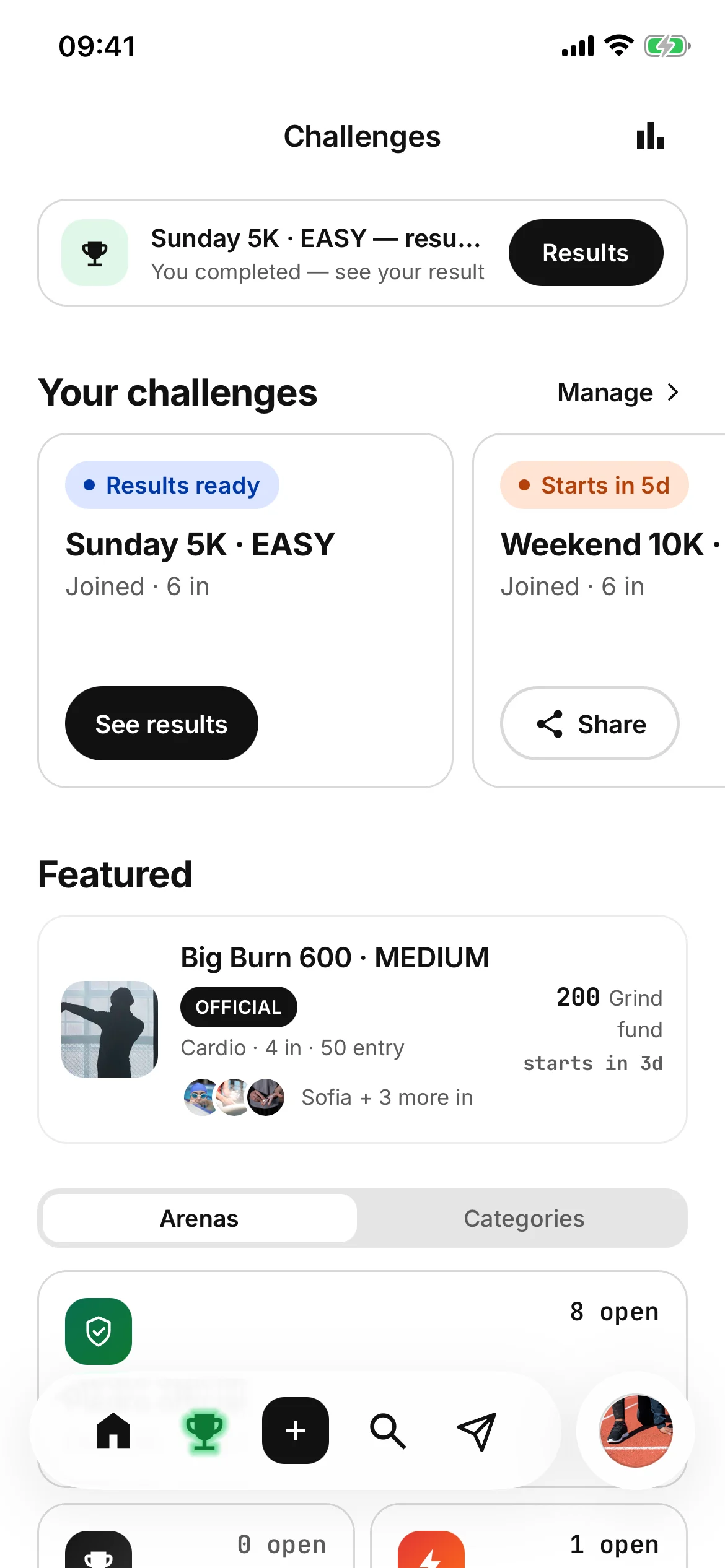 The Pledro Challenges page: a nudge that a finished challenge has its results, then Your challenges — one with results ready and one starting in four days — then a featured Pledro official challenge with its 200 Grind reward fund, and the switch between Arenas and Categories.