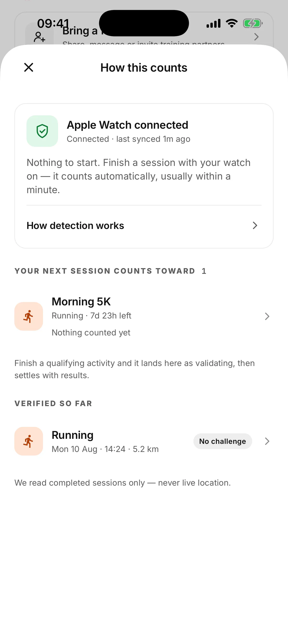 The How this counts screen: Apple Watch connected, the challenge your next session counts toward, and a watch-verified 5.2 km session.