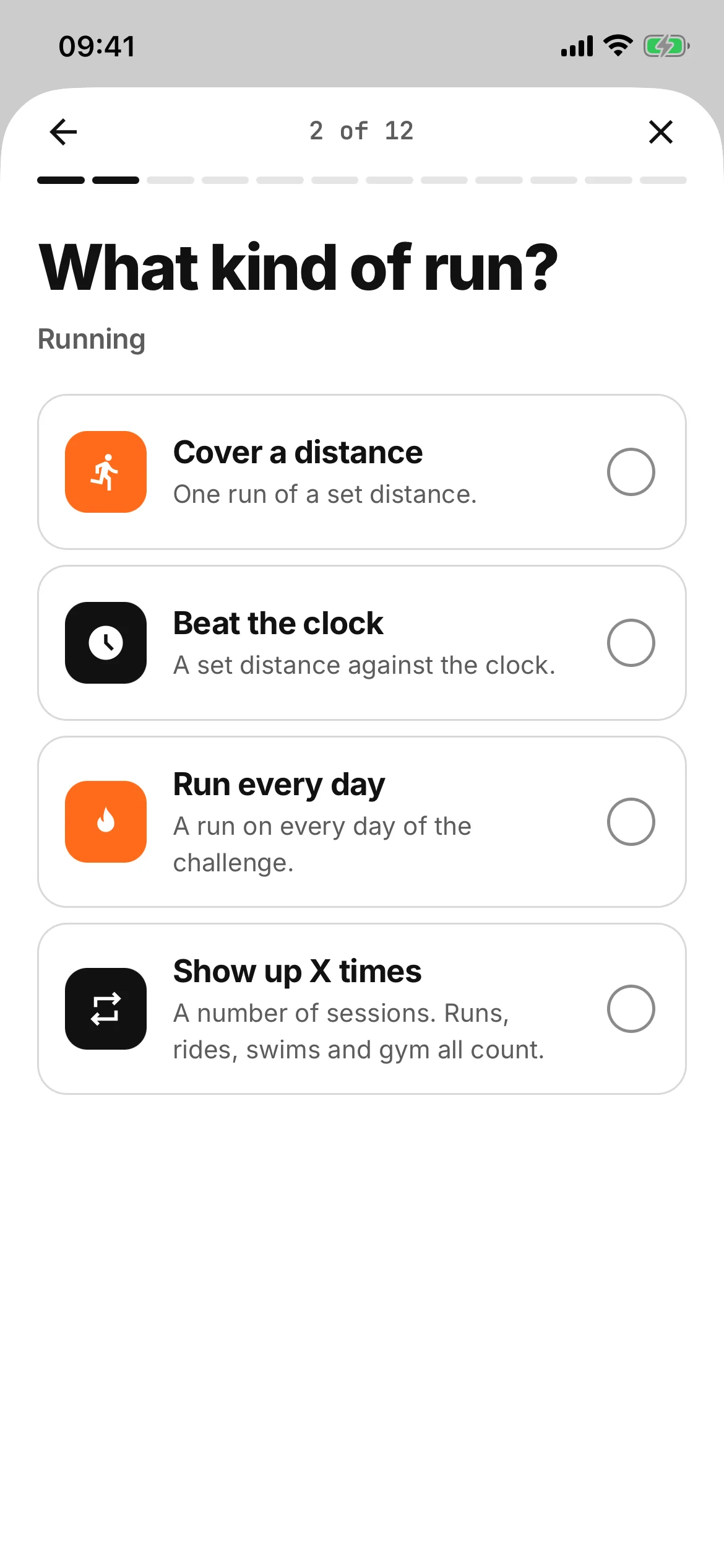 Creating a challenge, page two of twelve: What kind of run? Cover a distance, Beat the clock, Run every day and Show up X times, each with a line saying what it means.