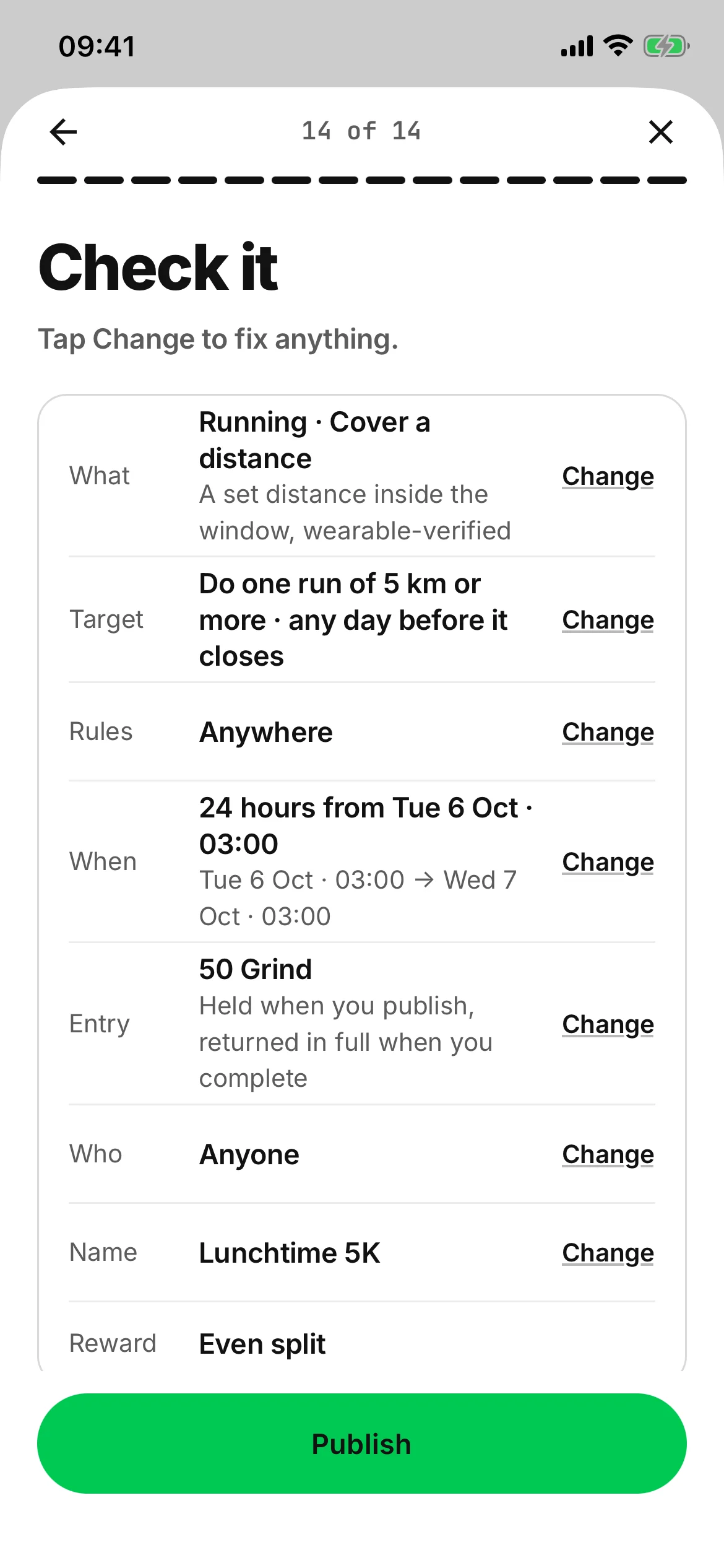 Check it, the last page before publishing: every answer in its own row with Change beside it — what, target, rules, when, entry, who, name and reward — then Publish.