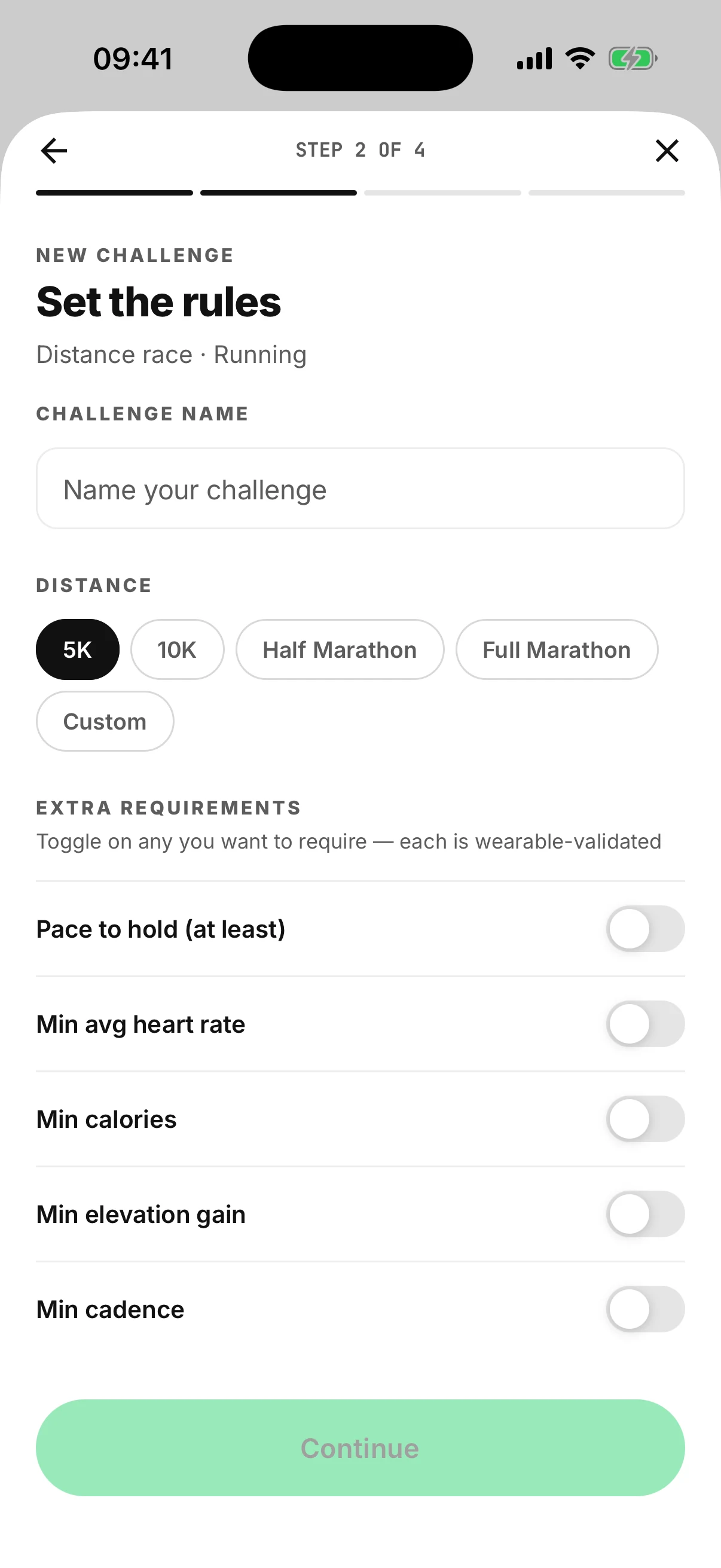 Create a challenge, step 2 of 4: set the rules for a distance race, with wearable-validated extra requirements.