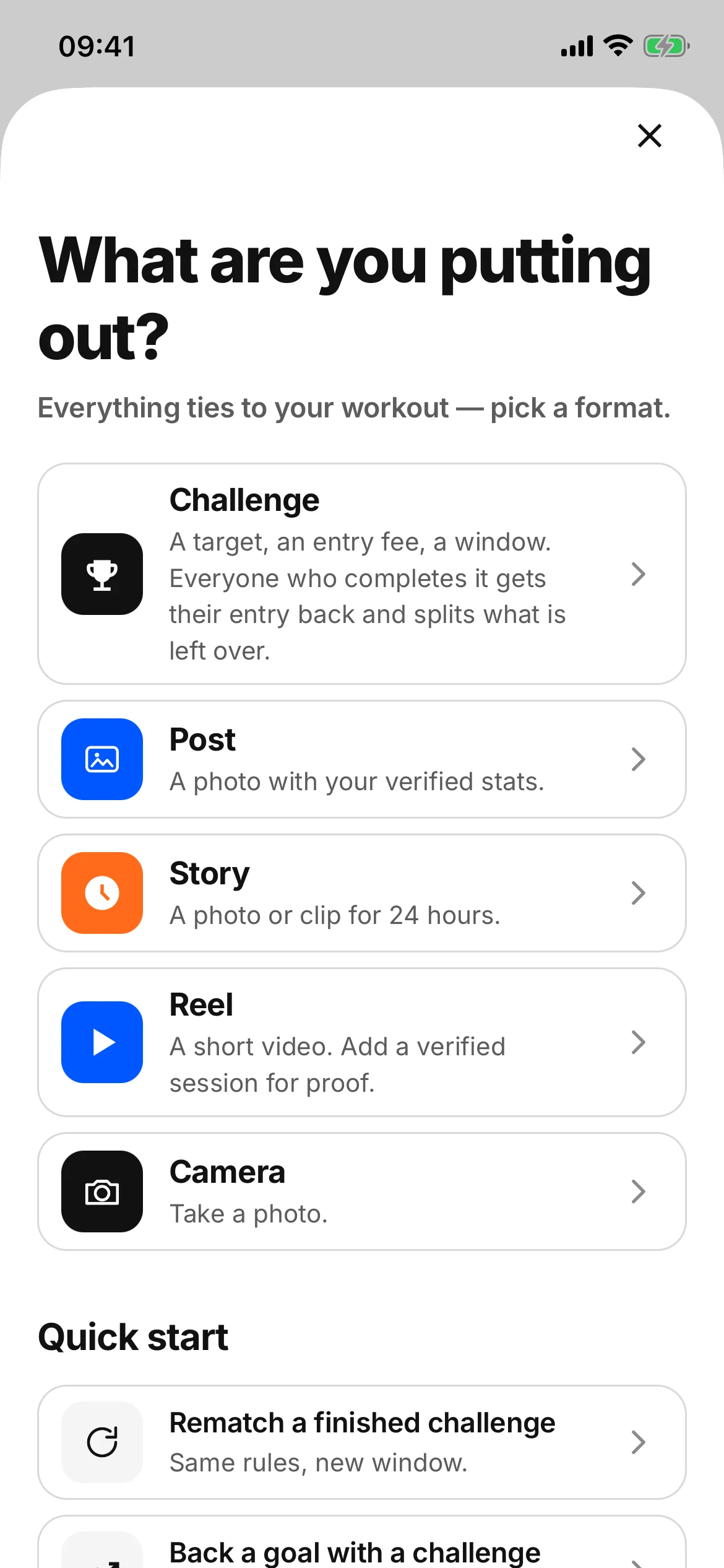 The Pledro create sheet: What are you putting out? A Challenge, a Post, a Story, a Reel or the Camera, each with a line describing it, and Quick start below.