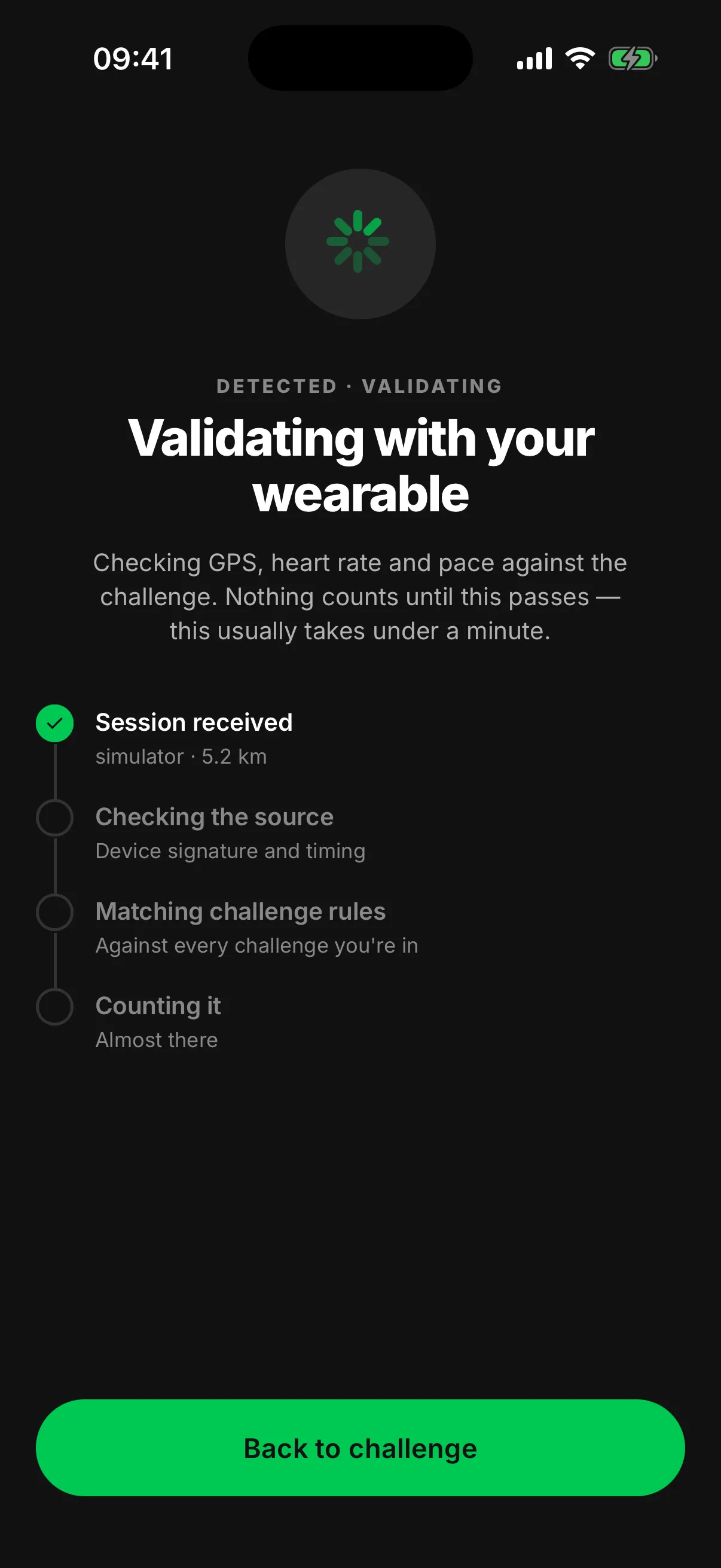 The detection screen: detected, validating with your wearable. Session received, checking the source, matching challenge rules, counting it.