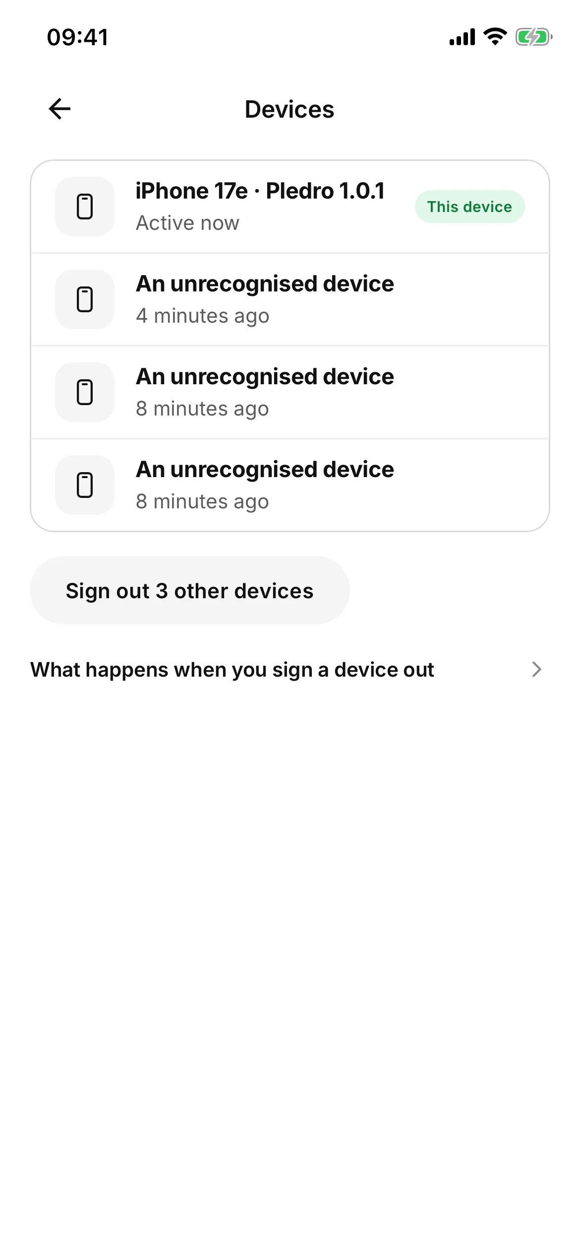 The devices screen: this iPhone marked This device and active now, three unrecognised devices with when each was last seen, and a Sign out 3 other devices button.