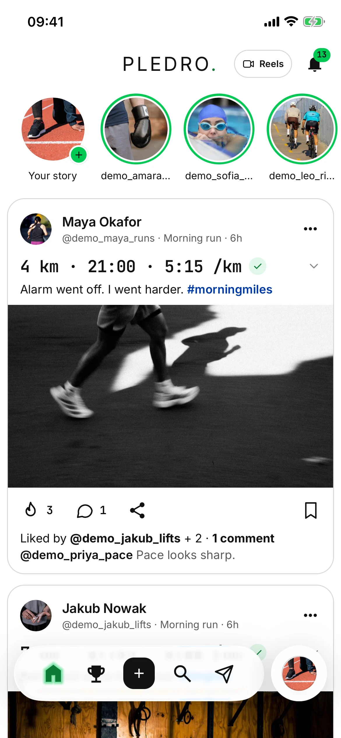 The top of the Pledro home feed: the stories rail, then a run post that leads with its numbers — 4 km, 21:00, 5:15 per km and the verified tick — then the caption, the photograph and one social line.