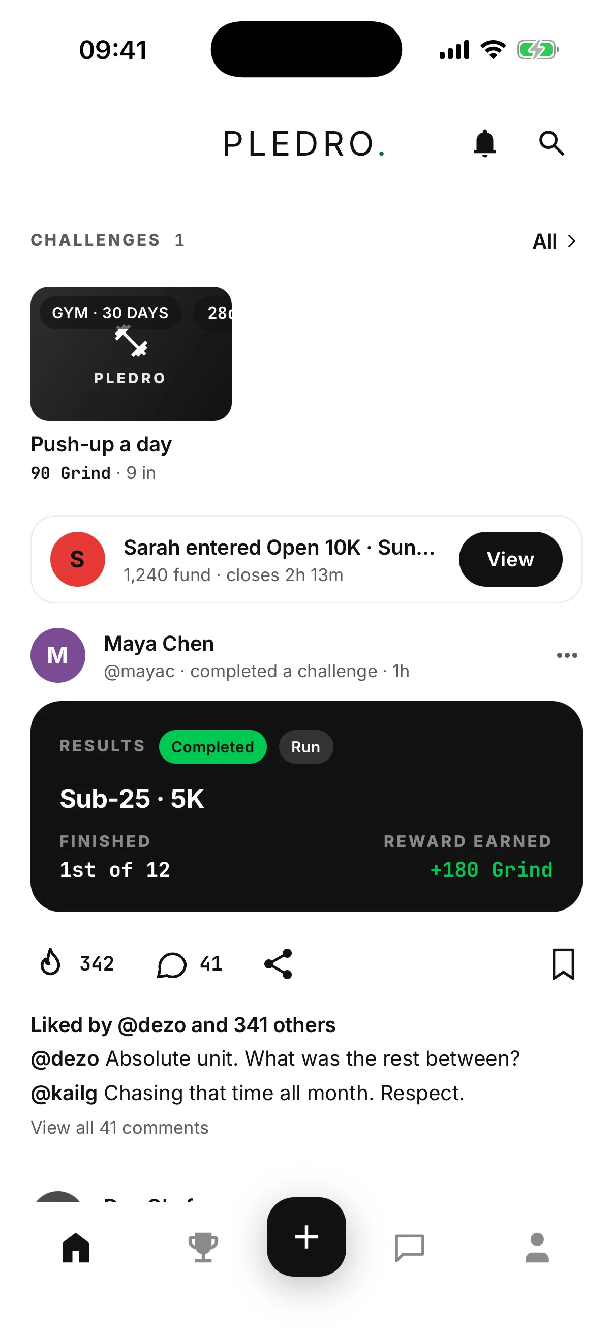 The Pledro home feed: a challenges rail, and a completed result post reading Sub-25 5K, finished 1st of 12, reward earned +180 Grind.