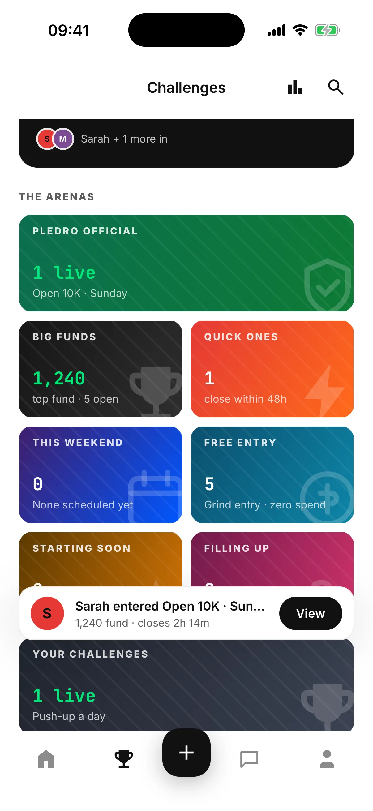 The Pledro challenges hub: the arena grid, showing Pledro Official, Big Funds, Quick Ones, This Weekend, Free Entry, Starting Soon and Filling Up, then Your Challenges.