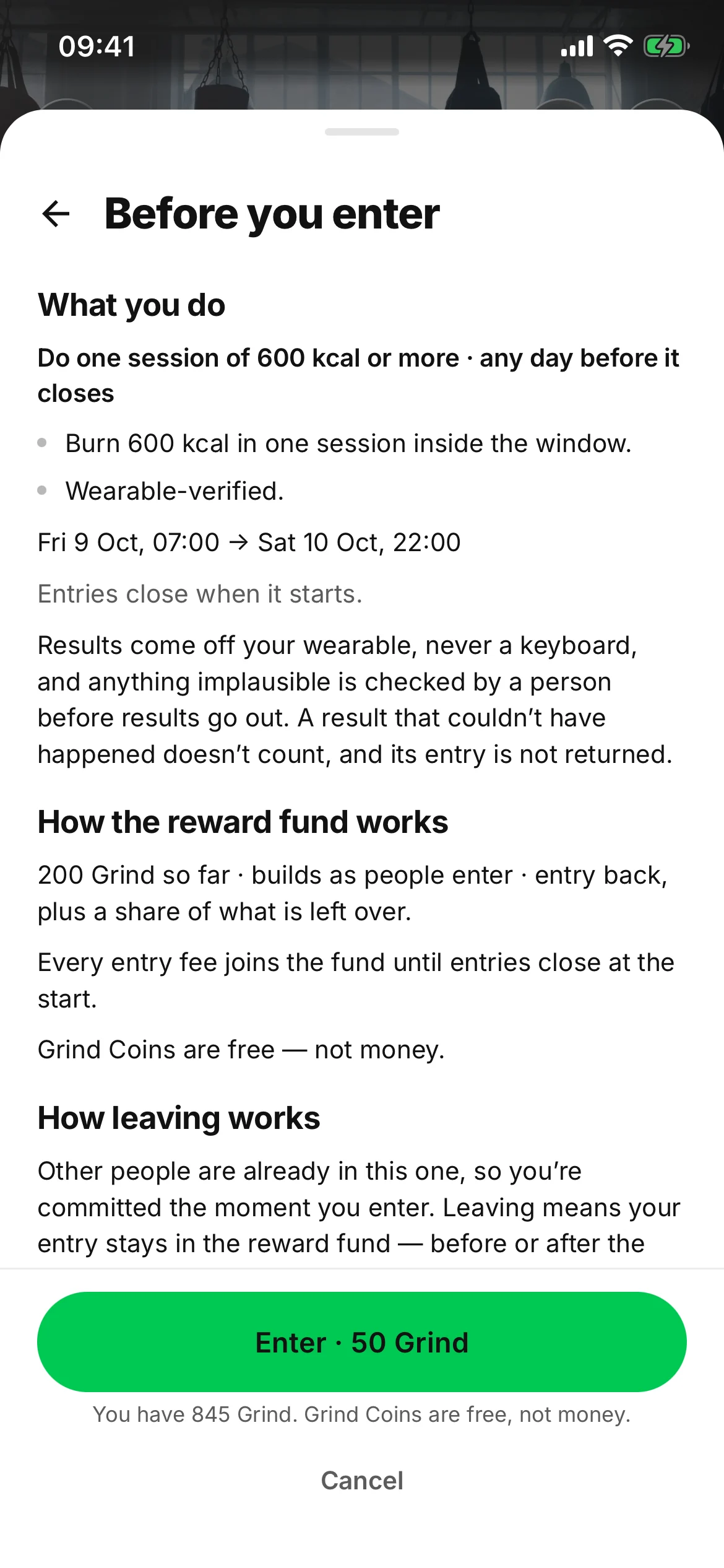 Before you enter, opened from the pop-up: what you do, how the reward fund works and how leaving works, above the same Enter · 50 Grind button.