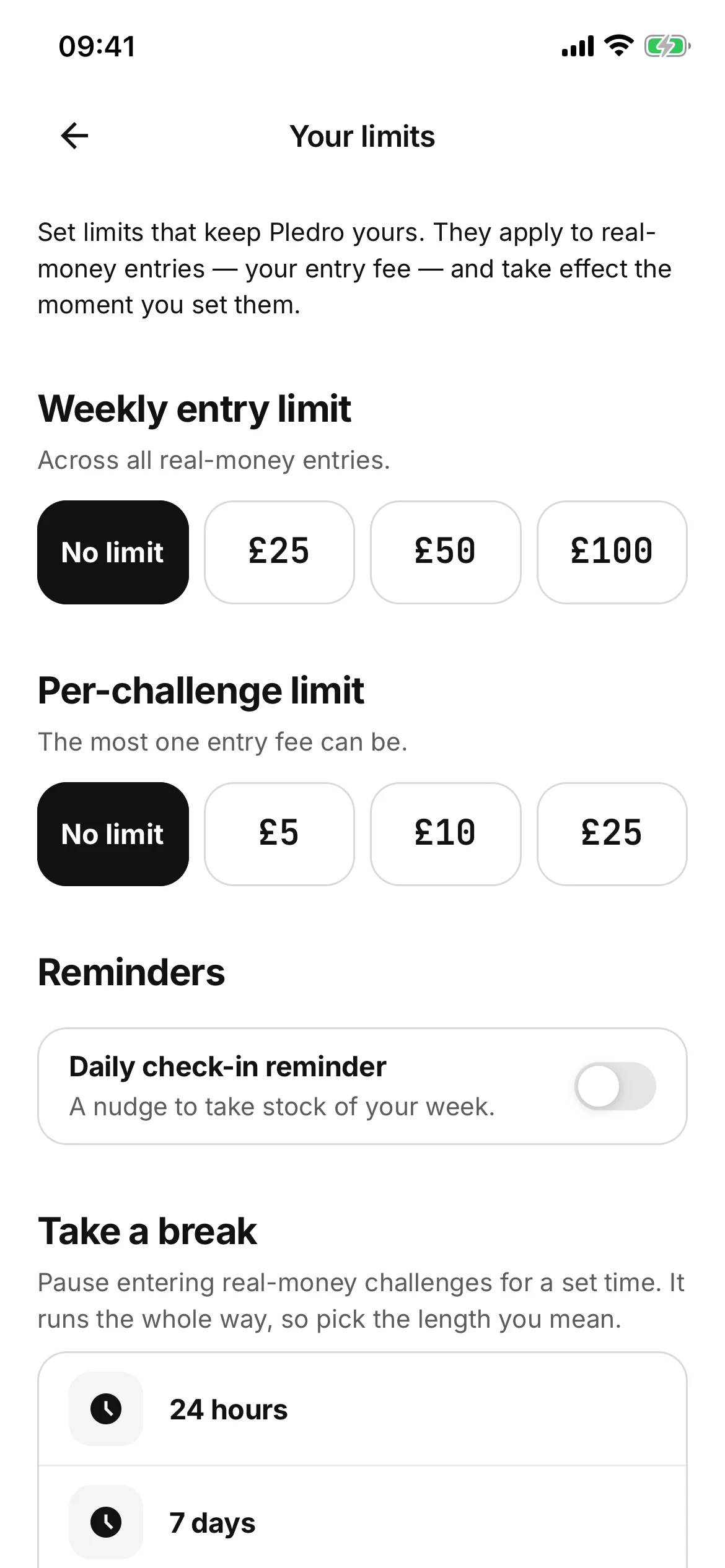 The Your limits screen: a weekly entry limit across real-money entries and a per-challenge limit, each with No limit chosen and preset amounts beside it, a daily check-in reminder, and Take a break with 24 hours and 7 days.