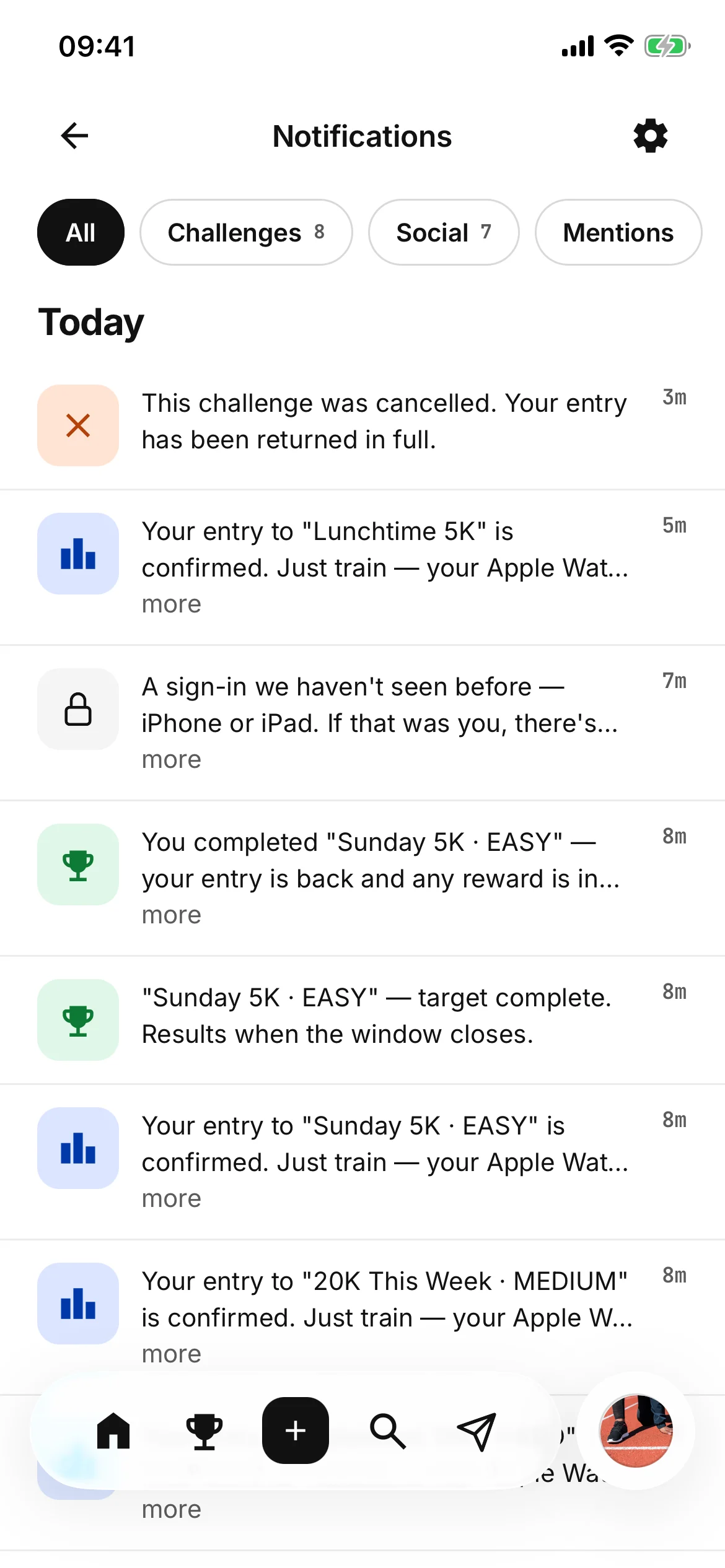 The notifications screen: filters for All, Challenges, Social and Mentions, then today — a cancelled challenge with the entry returned in full, entries confirmed, a sign-in from somewhere new, and a challenge completed.