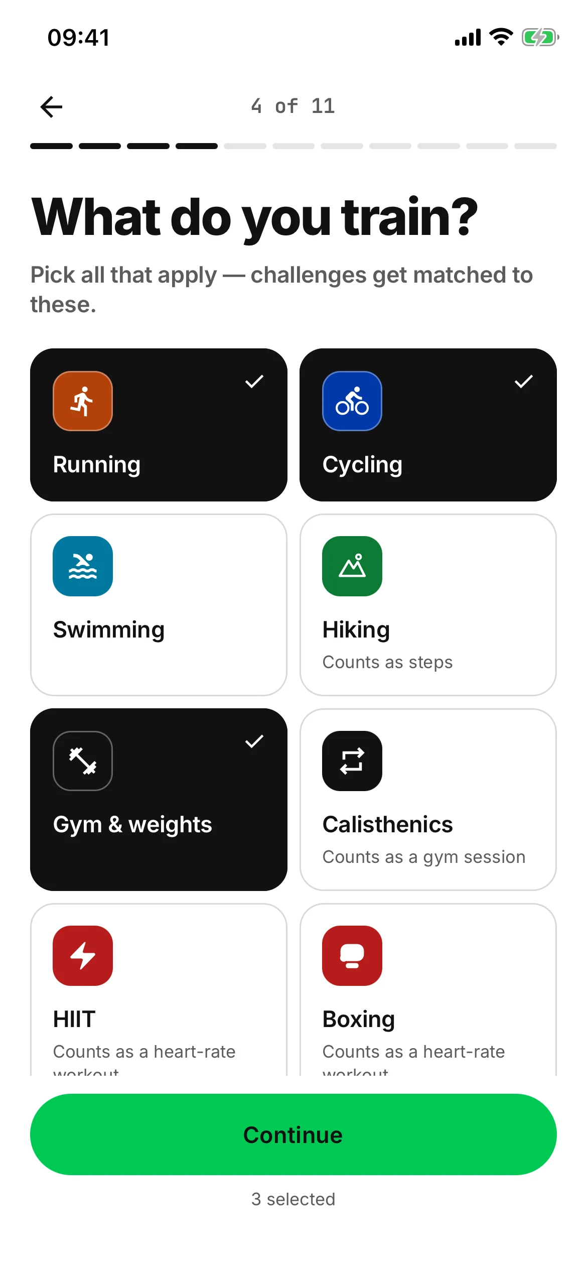 What do you train? Pick all that apply: a grid of activity tiles — running, cycling, swimming, hiking, gym and weights, calisthenics, HIIT and boxing — with running, cycling and gym and weights chosen, and notes on how hiking, calisthenics, HIIT and boxing are counted.