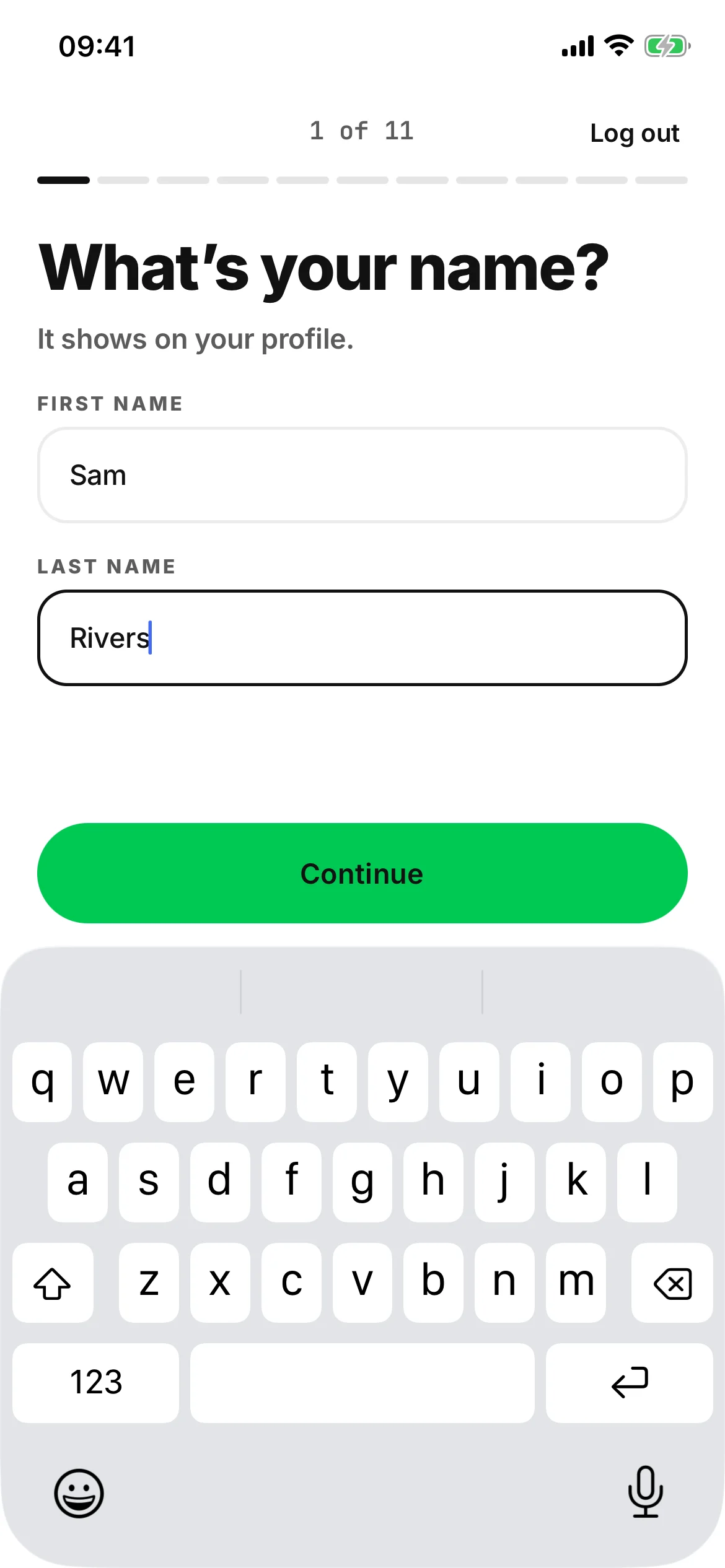 Signing up, page one of eleven: What’s your name? First name and last name, with Continue above the keyboard.
