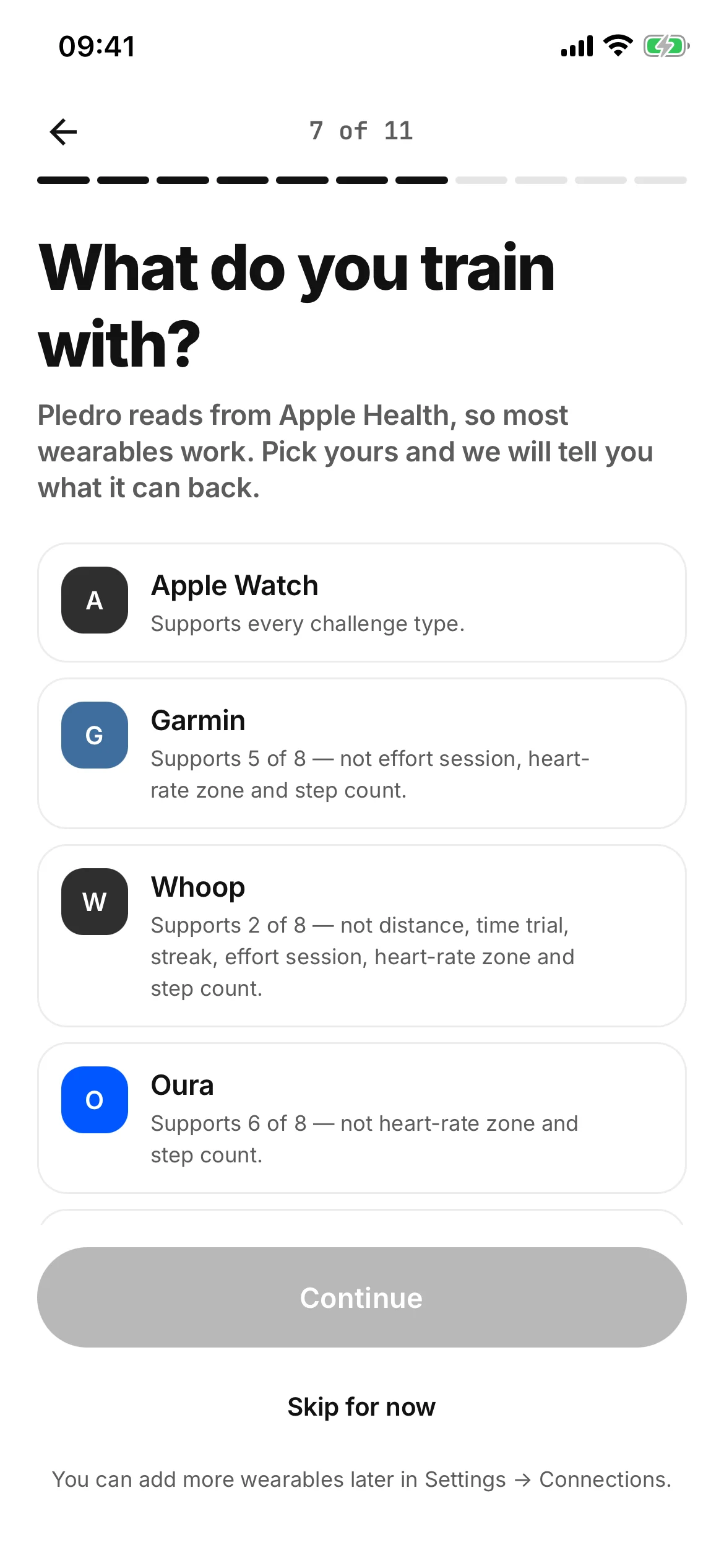 What do you train with? Apple Watch, Garmin, Whoop and Oura, each saying which challenge types it supports, with Skip for now at the foot.