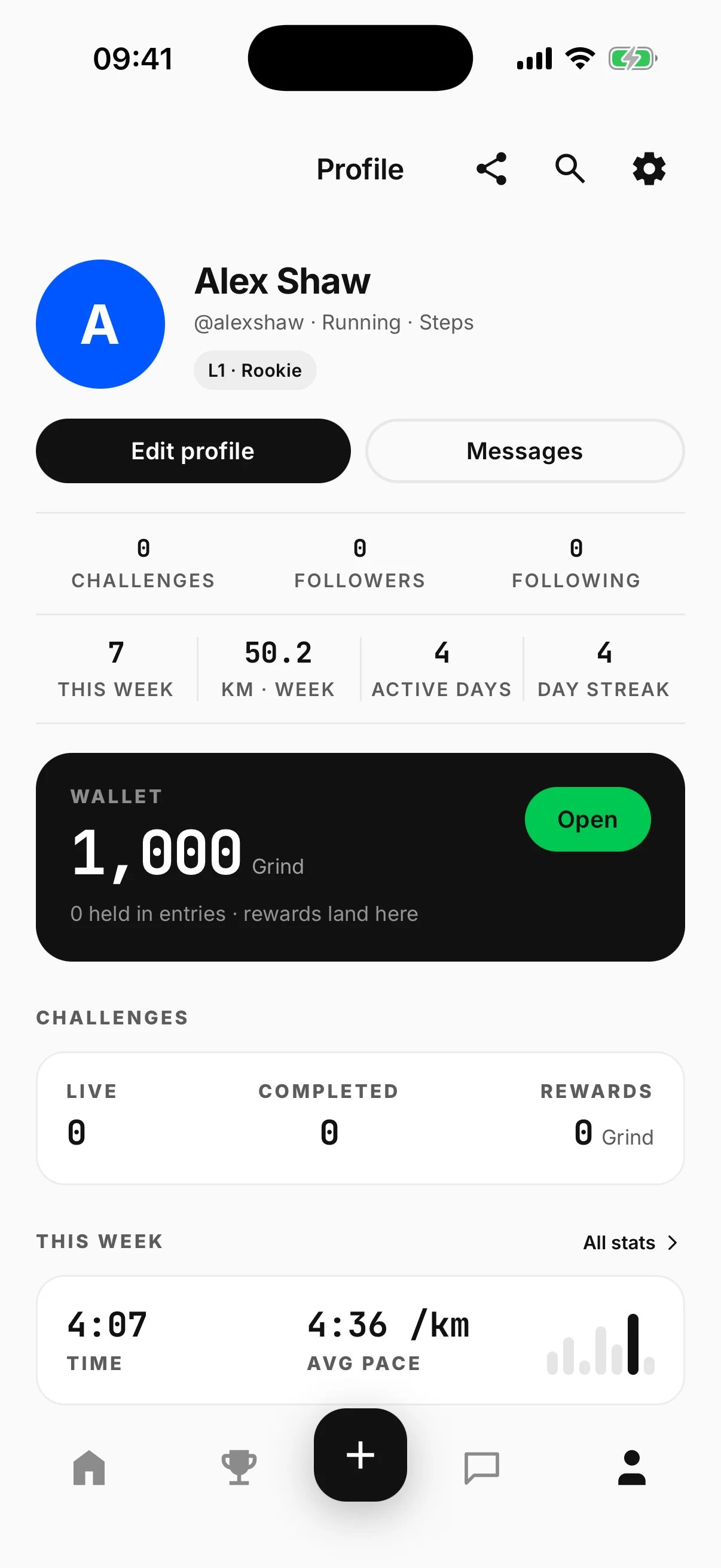 A Pledro profile showing stats bands, a Grind wallet band and challenge counts.