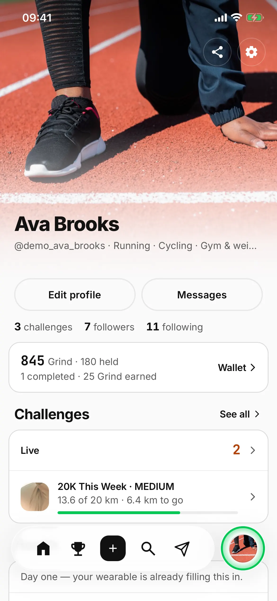 A Pledro profile: the athlete’s photograph fills the top and fades into the page, then the name, the counts, the Grind wallet row and the challenges she is in.