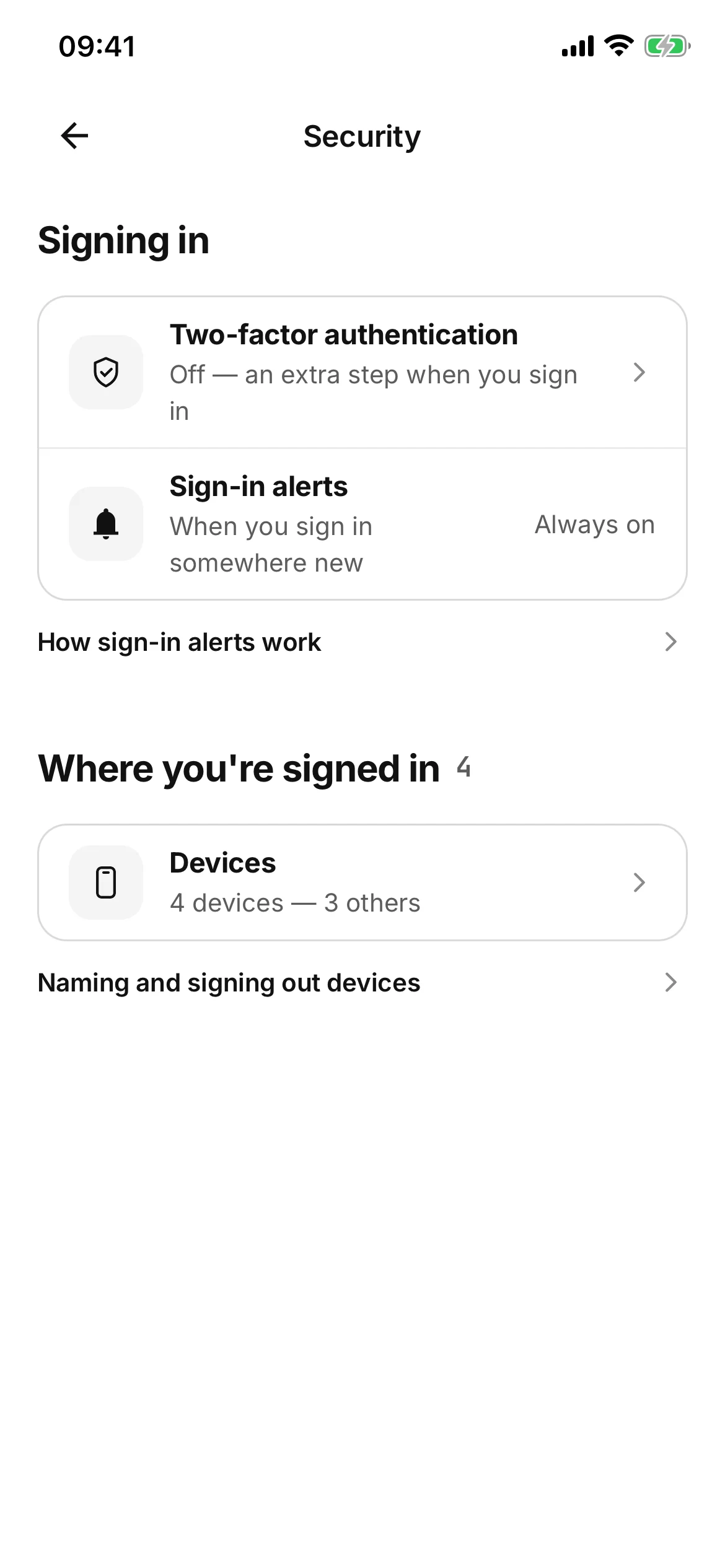 The security screen: two-factor authentication, off — an extra step when you sign in; sign-in alerts, always on; and Where you’re signed in, four devices.