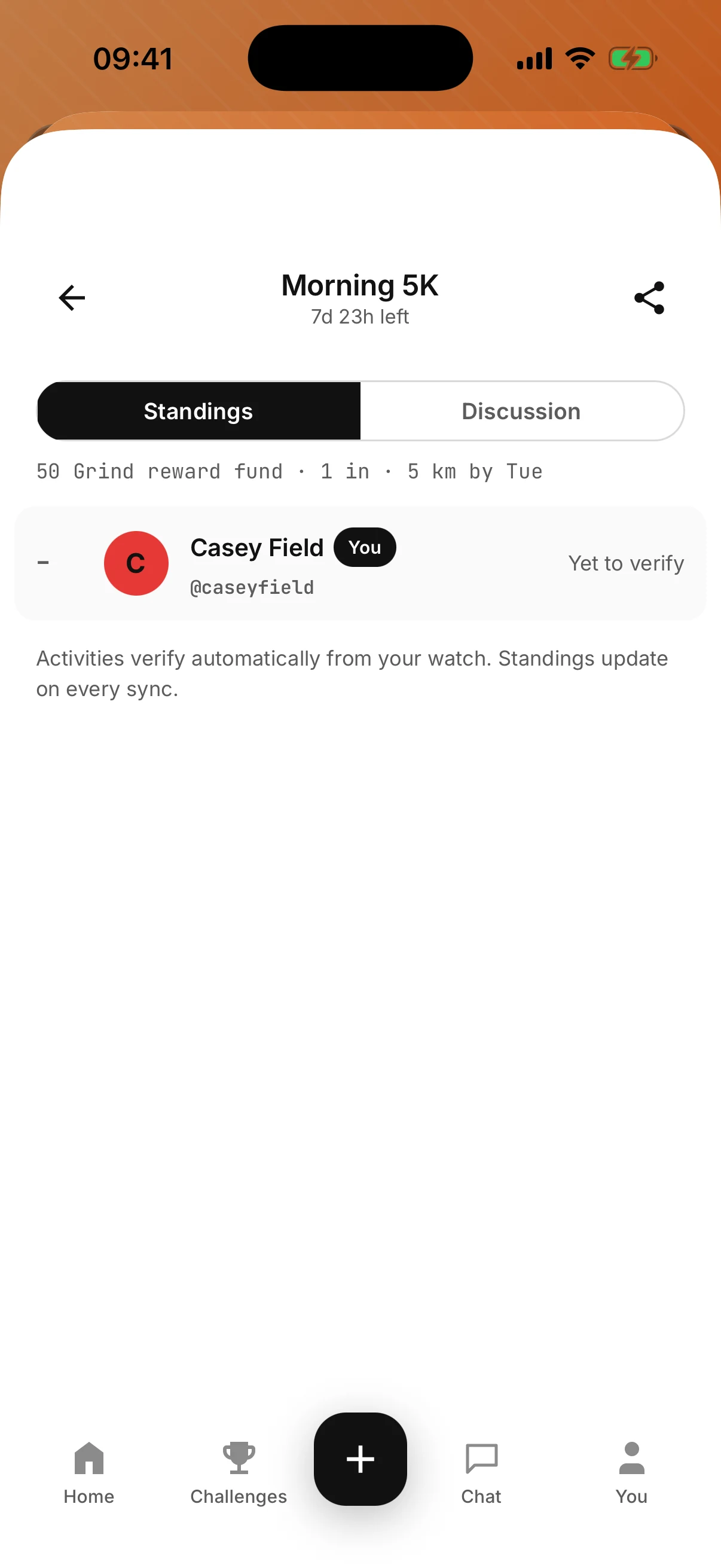 Challenge standings: the reward fund line, an entrant yet to verify, and the note that activities verify automatically from your watch.