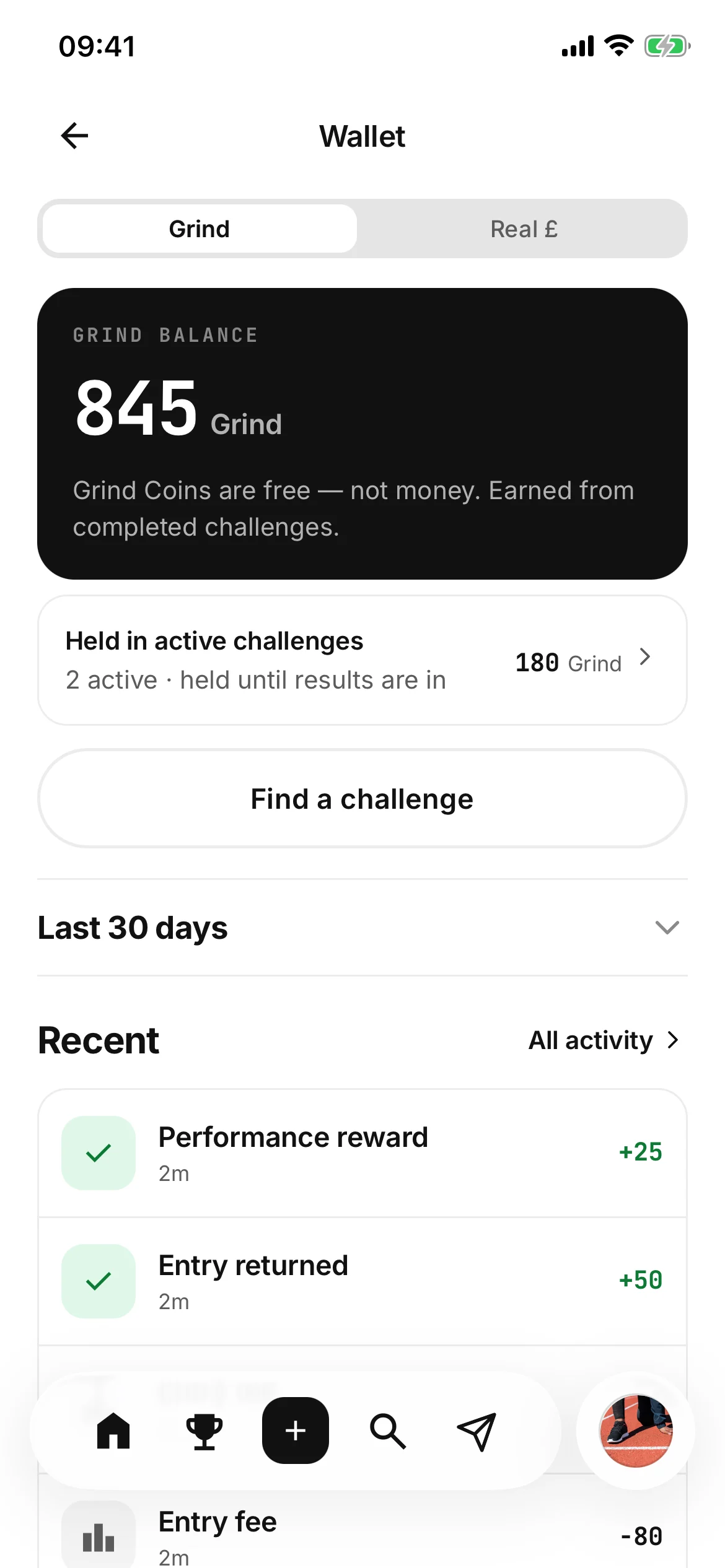 The wallet with Grind and Real £ as two tabs and Grind chosen: an 845 Grind balance that is free and not money, what is held in active challenges, a Find a challenge button, and the recent entries and returns.