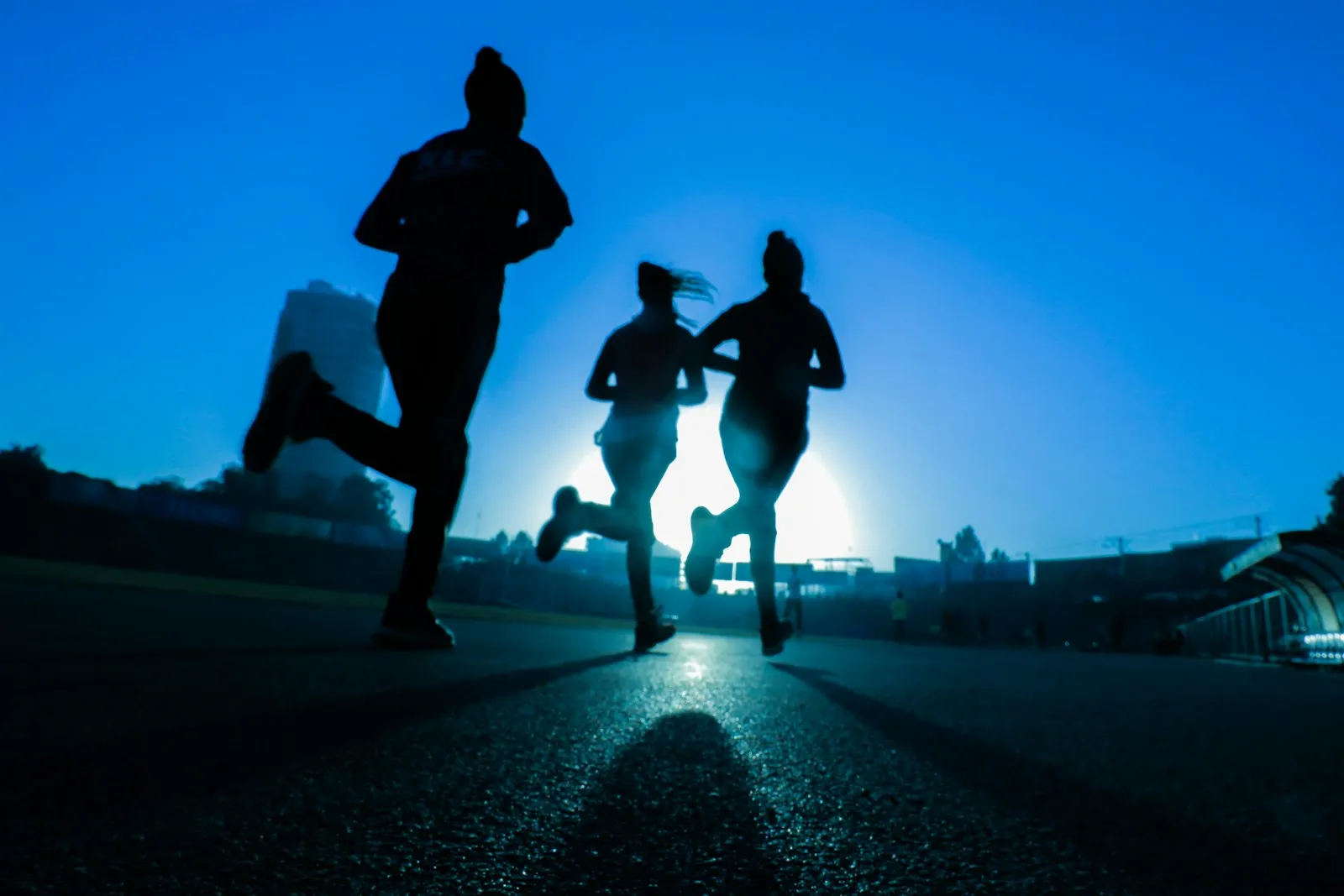 Three runners silhouetted against a blue dawn sky.
